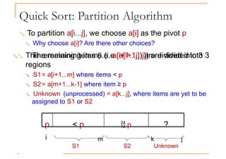 Quick Sort: Partition Algorithm
 To partition a[i...j], we choose a[i] as the pivot p
 Why choose a[i]? Are there other choices?
 The remaining items (i.e. a[i+1...j]) are divided into 3
The remaining items (i.e. a[i+1...j]) are divided into 3
regions
 S1= a[i+1...m] where items < p
 S2= a[m+1...k-1] where item ≥ p
 Unknown (unprocessed) = a[k...j], where items are yet to be
assigned to S1 or S2
p < p  p ?
i m k j
S1 S2 Unknown
 