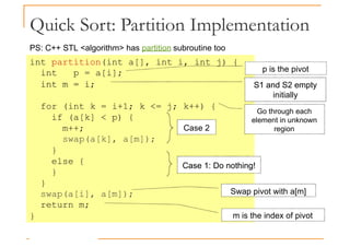 Quick Sort: Partition Implementation
int partition(int a[], int i, int j) {
int p = a[i];
int m = i;
p is the pivot
S1 and S2 empty
PS: C++ STL <algorithm> has partition subroutine too
int m = i;
for (int k = i+1; k <= j; k++) {
if (a[k] < p) {
m++;
swap(a[k], a[m]);
}
else {
S1 and S2 empty
initially
Go through each
element in unknown
region
Case 1: Do nothing!
Case 2
}
}
swap(a[i], a[m]);
return m;
}
Case 1: Do nothing!
Swap pivot with a[m]
m is the index of pivot
 