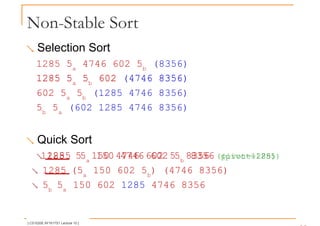 Non-Stable Sort
 Selection Sort
1285 5a
4746 602 5b
(8356)
1285 5 5 602 (4746 8356)
1285 5a
5b
602 (4746 8356)
602 5a
5b
(1285 4746 8356)
5b
5a
(602 1285 4746 8356)
 Quick Sort
 1285 5 150 4746 602 5 8356 (pivot=1285)
1285 5a
150 4746 602 5b
8356 (pivot=1285)
 1285 (5a
150 602 5b
) (4746 8356)
 5b
5a
150 602 1285 4746 8356
[ CS1020E AY1617S1 Lecture 10 ]
 