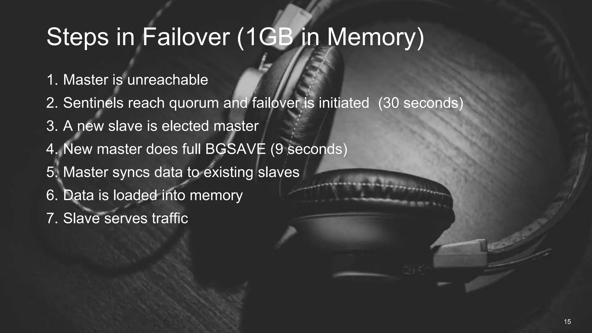 1. Master is unreachable
2. Sentinels reach quorum and failover is initiated (30 seconds)
3. A new slave is elected master
4. New master does full BGSAVE (9 seconds)
5. Master syncs data to existing slaves
6. Data is loaded into memory
7. Slave serves traffic
Steps in Failover (1GB in Memory)
15
 