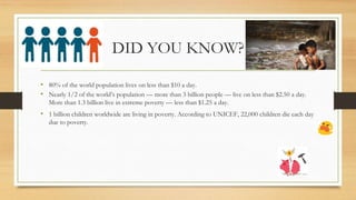 DID YOU KNOW?
• 80% of the world population lives on less than $10 a day.
• Nearly 1/2 of the world’s population — more than 3 billion people — live on less than $2.50 a day.
More than 1.3 billion live in extreme poverty — less than $1.25 a day.
• 1 billion children worldwide are living in poverty. According to UNICEF, 22,000 children die each day
due to poverty.