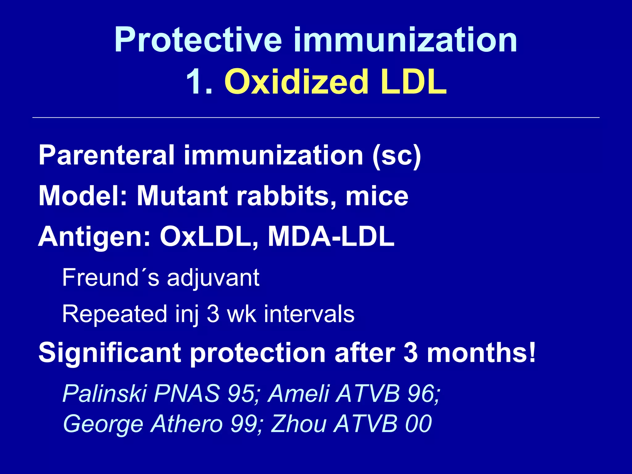 Protective immunization
1. Oxidized LDL
Parenteral immunization (sc)
Model: Mutant rabbits, mice
Antigen: OxLDL, MDA-LDL
Freund´s adjuvant
Repeated inj 3 wk intervals
Significant protection after 3 months!
Palinski PNAS 95; Ameli ATVB 96;
George Athero 99; Zhou ATVB 00
 