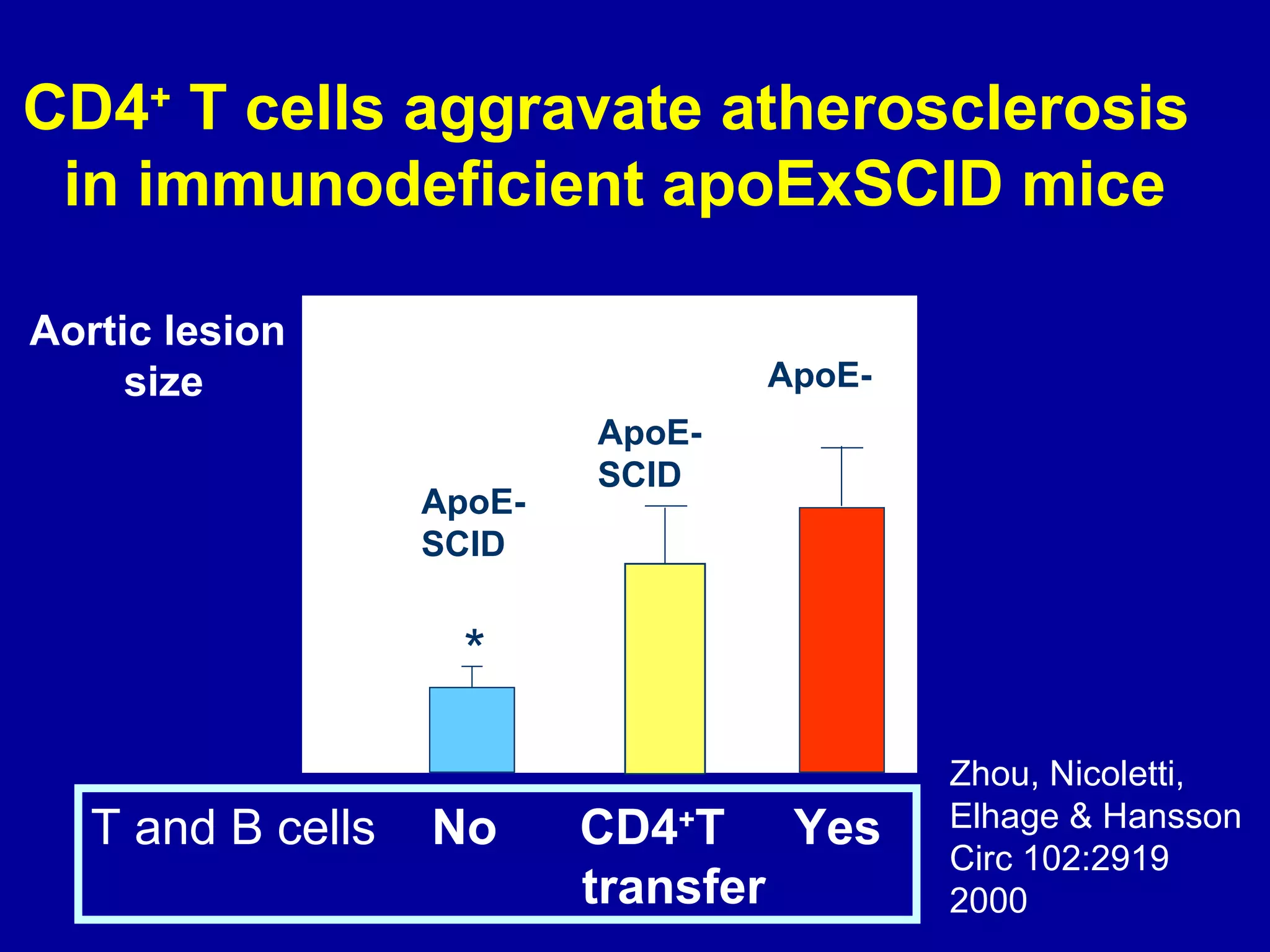 CD4+
T cells aggravate atherosclerosis
in immunodeficient apoExSCID mice
*
ApoE-
SCID
ApoE-
T and B cells No CD4+
T Yes
transfer
Aortic lesion
size
Zhou, Nicoletti,
Elhage & Hansson
Circ 102:2919
2000
ApoE-
SCID
 