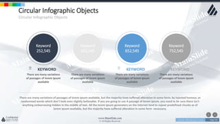 w w w . D o m a i n . c o m Page 105
www.MainSlide.com
© All Rights Reserved.
Confidential
Circular Infographic Objects
Circular Infographic Objects
Keyword
252,545
There are many variations of passages of lorem ipsum available, but the majority have suffered alteration in some form, by injected humour, or
randomized words which don't look even slightly believable. If you are going to use A passage of lorem ipsum, you need to be sure there isn't
anything embarrassing hidden in the middle of text. All the lorem ipsum generators on the internet tend to repeat predefined chunks as of
lorem ipsum available, but the majority have suffered alteration in some form necessary.
There are many variations
of passages of lorem ipsum
available
KEYWORD
Keyword
452,545
There are many variations
of passages of lorem ipsum
available
KEYWORD
Keyword
652,545
There are many variations
of passages of lorem ipsum
available
KEYWORD
Keyword
752,545
There are many variations
of passages of lorem ipsum
available
KEYWORD
 