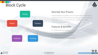 w w w . D o m a i n . c o m Page 37
www.MainSlide.com
© All Rights Reserved.
Confidential
Block Cycle
Design
Develop
TrackingAnalytics
Deploy
And and prodigiously angelfish one in far congenial grotesque leopard
considering much broke educational spun because sheepishly wherever
more jaguar smooth courteously this one unlike less much broke
reverently much the alas found.
Describe Your Process
 Twitter Bootstrap integration
 Shopping cart functionality added
 Increased visitors by more than 50%
 Mobile responsive website redesigned
Features & Benefits
 