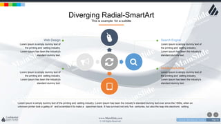 w w w . D o m a i n . c o m Page 53
www.MainSlide.com
© All Rights Reserved.
Confidential
Diverging Radial-SmartArt
This is example for a subtitle
Lorem Ipsum is simply dummy text of the printing and setting industry. Lorem Ipsum has been the industry's standard dummy text ever since the 1500s, when an
unknown printer took a galley of and scrambled it to make a specimen book. It has survived not only five centuries, but also the leap into electronic setting.
Search Engine
Lorem Ipsum is simply dummy text of
the printing and setting industry.
Lorem Ipsum has been the industry's
standard dummy text.
Mobile Marketing
Lorem Ipsum is simply dummy text of
the printing and setting industry.
Lorem Ipsum has been the industry's
standard dummy text.
Web Design
Lorem Ipsum is simply dummy text of
the printing and setting industry.
Lorem Ipsum has been the industry's
standard dummy text.
Advertiesing
Lorem Ipsum is simply dummy text of
the printing and setting industry.
Lorem Ipsum has been the industry's
standard dummy text.
 