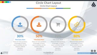 w w w . D o m a i n . c o m Page 8
www.MainSlide.com
© All Rights Reserved.
Confidential
Circle Chart Layout
Circle Chart Layout
Title Goes Here
There are many variations
of passages of lorem
ipsum available, but the
majority suffered
alteration
some form.
30%
Title Goes Here
There are many variations
of passages of lorem
ipsum available, but the
majority suffered
alteration
some form.
50%
Title Goes Here
There are many variations
of passages of lorem
ipsum available, but the
majority suffered
alteration
some form.
70%
Title Goes Here
There are many variations
of passages of lorem
ipsum available, but the
majority suffered
alteration
some form.
80%
 