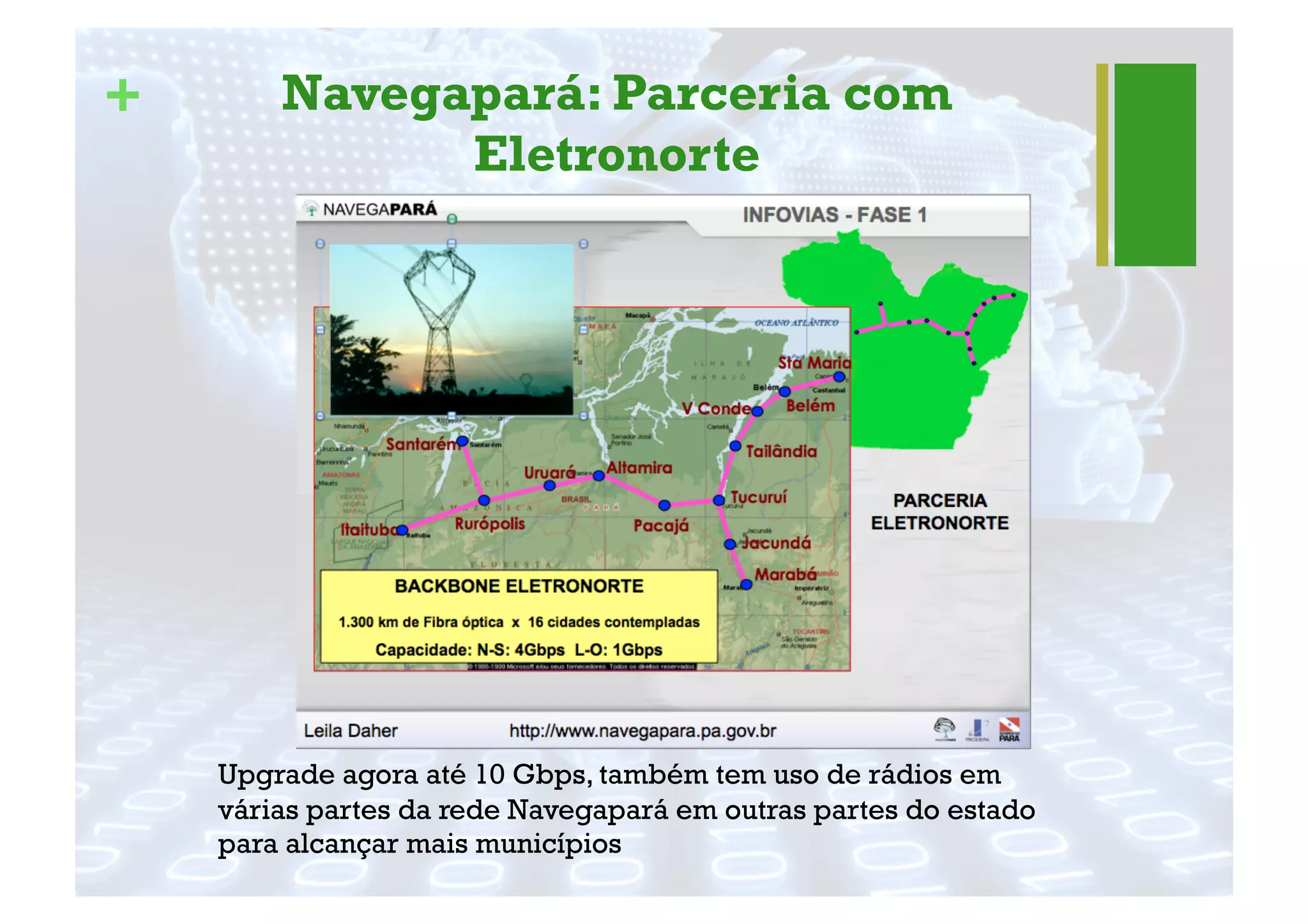 + Navegapará: Parceria com
Eletronorte
Upgrade agora até 10 Gbps, também tem uso de rádios em
várias partes da rede Navegapará em outras partes do estado
para alcançar mais municípios
 
