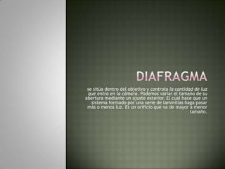 diafragmase sitúa dentro del objetivo y controla la cantidad de luz que entra en la cámara. Podemos variar el tamaño de su abertura mediante un ajuste exterior. El cual hace que un sistema formado por una serie de laminillas haga pasar más o menos luz. Es un orificio que va de mayor a menor tamaño.