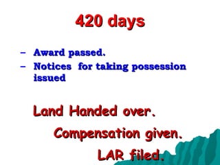 420 days Award passed. Notices  for taking possession issued Land Handed over. Compensation given. LAR filed. 