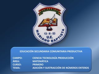 EDUCACIÓN SECUNDARIA COMUNITARIA PRODUCTIVA
CAMPO:
ÁREA:
CURSO:
TEMA:

CIENCIA TECNOLOGÍA PRODUCCIÓN
MATEMÁTICA
PRIMERO
ADICIÓN Y SUSTRACCIÓN DE NÚMEROS ENTEROS

 