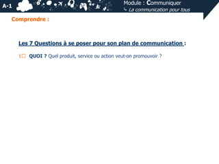 Module : Communiquer
⤷ La communication pour tous

A-1
Comprendre :

Les 7 Questions à se poser pour son plan de communication :
1⃣ QUOI ? Quel produit, service ou action veut-on promouvoir ?

 