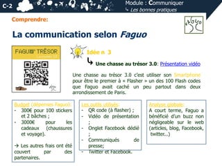 Module : Communiquer
⤷ Les bonnes pratiques

C-2
Comprendre:

La communication selon Faguo
Idée n 3

⤷ Une chasse au trésor 3.0: Présentation vidéo

Une chasse au trésor 3.0 c’est utiliser son Smartphone
pour être le premier à « Flasher » un des 100 Flash codes
que Faguo avait caché un peu partout dans deux
arrondissement de Paris.
Budget (dépenses Faguo):
- 300€ pour 100 stickers
et 2 bâches ;
- 3000€
pour
les
cadeaux (chaussures
et voyage).
 Les autres frais ont été
couvert
par
des
partenaires.

Les outils utilisés:
- QR code (à flasher) ;
- Vidéo de présentation
;
- Onglet Facebook dédié
;
- Communiqués
de
presse;
- Twitter et Facebook.

Analyse globale:
A court terme, Faguo a
bénéficié d’un buzz non
négligeable sur le web
(articles, blog, Facebook,
twitter...)

 