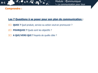 Module : Communiquer
⤷ La communication pour tous

A-1
Comprendre :

Les 7 Questions à se poser pour son plan de communication :
1⃣ QUOI ? Quel produit, service ou action veut-on promouvoir ?
2⃣ POURQUOI ? Quels sont les objectifs ?
3⃣ A QUI/VERS QUI ? Auprès de quelle cible ?

 