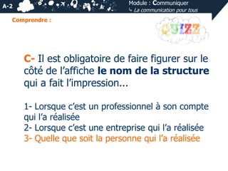 Module : Communiquer
⤷ La communication pour tous

A-2
Comprendre :

C- Il est obligatoire de faire figurer sur le
côté de l’affiche le nom de la structure
qui a fait l’impression...
1- Lorsque c’est un professionnel à son compte
qui l’a réalisée
2- Lorsque c’est une entreprise qui l’a réalisée
3- Quelle que soit la personne qui l’a réalisée

 