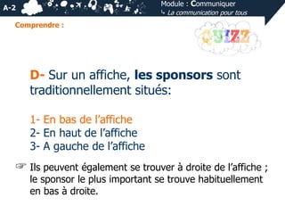 Module : Communiquer
⤷ La communication pour tous

A-2
Comprendre :

D- Sur un affiche, les sponsors sont
traditionnellement situés:
1- En bas de l’affiche
2- En haut de l’affiche
3- A gauche de l’affiche
☞ Ils peuvent également se trouver à droite de l’affiche ;
le sponsor le plus important se trouve habituellement
en bas à droite.

 