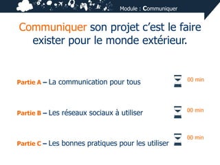 Module : Communiquer

Communiquer son projet c’est le faire
exister pour le monde extérieur.

Partie A – La communication pour tous

00 min

Partie B – Les réseaux sociaux à utiliser

00 min

Partie C – Les bonnes pratiques pour les utiliser

00 min

 