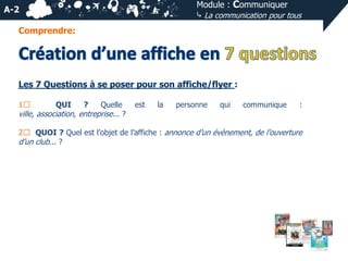 Module : Communiquer
⤷ La communication pour tous

A-2
Comprendre:

Les 7 Questions à se poser pour son affiche/flyer :
1⃣

QUI

?

Quelle
ville, association, entreprise... ?

est

la

personne

qui

communique

:

2⃣ QUOI ? Quel est l’objet de l’affiche : annonce d’un évènement, de l’ouverture
d’un club... ?

 