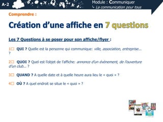 A-2

Module : Communiquer
⤷ La communication pour tous

Comprendre :

Les 7 Questions à se poser pour son affiche/flyer :
1⃣ QUI ? Quelle est la personne qui communique: ville, association, entreprise...
?
2⃣ QUOI ? Quel est l’objet de l’affiche: annonce d’un évènement, de l’ouverture
d’un club... ?

3⃣ QUAND ? A quelle date et à quelle heure aura lieu le « quoi » ?
4⃣ OÙ ? A quel endroit se situe le « quoi » ?

 