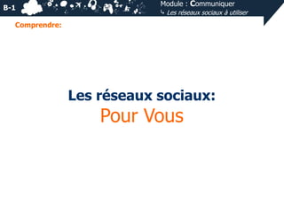 B-1

Module : Communiquer
⤷ Les réseaux sociaux à utiliser

Comprendre:

Les réseaux sociaux:

Pour Vous

 