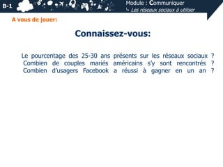 Module : Communiquer
⤷ Les réseaux sociaux à utiliser

B-1
A vous de jouer:

Connaissez-vous:
Le pourcentage des 25-30 ans présents sur les réseaux sociaux ?
Combien de couples mariés américains s’y sont rencontrés ?
Combien d’usagers Facebook a réussi à gagner en un an ?

 