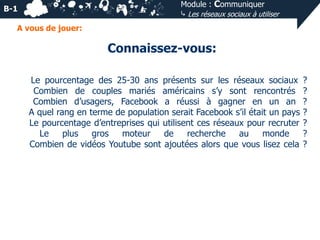 Module : Communiquer
⤷ Les réseaux sociaux à utiliser

B-1
A vous de jouer:

Connaissez-vous:
Le pourcentage des 25-30 ans présents sur les réseaux sociaux
Combien de couples mariés américains s’y sont rencontrés
Combien d’usagers, Facebook a réussi à gagner en un an
A quel rang en terme de population serait Facebook s’il était un pays
Le pourcentage d’entreprises qui utilisent ces réseaux pour recruter
Le
plus
gros
moteur
de
recherche
au
monde
Combien de vidéos Youtube sont ajoutées alors que vous lisez cela

?
?
?
?
?
?
?

 