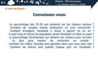 Module : Communiquer
⤷ Les réseaux sociaux à utiliser

B-1
A vous de jouer:

Connaissez-vous:
Le pourcentage des 25-30 ans présents sur les réseaux sociaux
Combien de couples mariés américains s’y sont rencontrés
Combien d’usagers, Facebook a réussi à gagner en un an
A quel rang en terme de population serait Facebook s’il était un pays
Le pourcentage d’entreprises qui utilisent ces réseaux pour recruter
Le
plus
gros
moteur
de
recherche
au
monde
Combien de vidéos Youtube sont ajoutées alors que vous lisez cela
Combien de statuts sont publiés chaque jour sur Facebook

?
?
?
?
?
?
?
?

 
