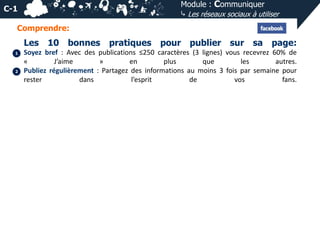 Module : Communiquer
⤷ Les réseaux sociaux à utiliser

C-1
Comprendre:

Les
1

2

10 bonnes

pratiques

pour publier sur sa page:

Soyez bref : Avec des publications ≤250 caractères (3 lignes) vous recevrez 60% de
«
J’aime
»
en
plus
que
les
autres.
Publiez régulièrement : Partagez des informations au moins 3 fois par semaine pour
rester
dans
l’esprit
de
vos
fans.

 