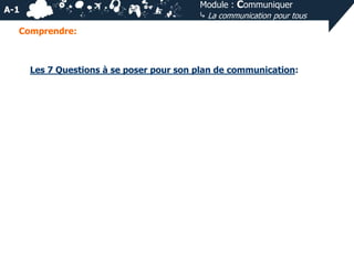 Module : Communiquer
⤷ La communication pour tous

A-1
Comprendre:

Les 7 Questions à se poser pour son plan de communication:

 