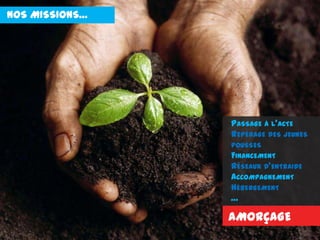 NOS MISSIONS…
PASSAGE À L’ACTE
REPÉRAGE DES JEUNES
POUSSES
FINANCEMENT
RÉSEAUX D’ENTRAIDE
ACCOMPAGNEMENT
HÉBERGEMENT
…
AMORÇAGE
 