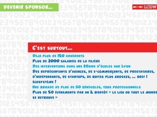 5678901234567890123456789012345678
9012345678901234567890123456789012
4890123456789012345678901234567890
234567890123456789012345678901234
6789012345678901234567890123456789
0123456789012345678901234567890123
5678901234567890123456789012345678
9012345678901234567890123456789012
4567890123456789012345678901234567
890123456789012345678901234567890
3456789012345678901234567890123456
7890123456789012345678901234567890
2345678901234567890123456789012345
6789012345678901234567890123456789
0123456789012345678901234567890123
5678901234567890123456789012345678
DEVENIR SPONSOR…
DÉJÀ PLUS DE 150 ADHÉRENTS
PLUS DE 3000 SALARIÉS DE LA FILIÈRE
DES INTERVENTIONS DANS UNE 20AINE D’ÉCOLES SUR LYON
DES REPRÉSENTANTS D’AGENCES, DE E-COMMERÇANTS, DE PRESTATAIRES,
D’INDÉPENDANTS, DE STARTUPS, DE BOITES PLUS GROSSES, … BREF 1
ÉCOSYSTÈME !
UNE BRIGADE DE PLUS DE 60 BÉNÉVOLES, TOUS PROFESSIONNELS
PLUS DE 50 ÉVÉNEMENTS PAR AN & BIENTÔT « LE LIEU OÙ TOUT LE MONDE
SE RETROUVE »
C’EST SURTOUT…
 
