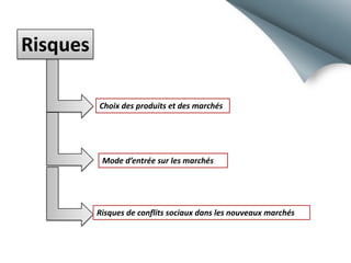 Risques
Choix des produits et des marchés

Mode d’entrée sur les marchés

Risques de conflits sociaux dans les nouveaux marchés

 