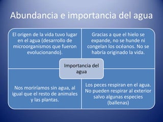 Abundancia e importancia del agua
El origen de la vida tuvo lugar
en el agua (desarrollo de
microorganismos que fueron
evolucionando).

Gracias a que el hielo se
expande, no se hunde ni
congelan los océanos. No se
habría originado la vida.

Importancia del
agua
Nos moriríamos sin agua, al
igual que el resto de animales
y las plantas.

Los peces respiran en el agua.
No pueden respirar al exterior
salvo algunas especies
(ballenas)

 