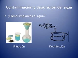 Contaminación y depuración del agua
• ¿Cómo limpiamos el agua?

Filtración

Desinfección

 
