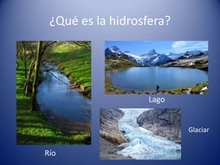 ¿Qué es la hidrosfera?

Lago

Glaciar

Río

 