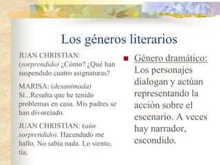 Los géneros literarios
 Género lírico: El
poeta expresa sus
sentimientos, su
mundo interior.
Suelen ser
emotivos, y el
lector siente a su
vez esas
emociones que
transmite.
“Ana, ¡Ana!, ¿por qué me has
abandonado?
Ana, ¿por qué me haces sufrir
tanto?
Ana, ¿es que acaso ya no me
quieres?
Ana, ¿es que has conocido a
un hombre que te hace más
feliz que yo?
 