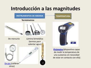 Introducción a las magnitudes
INSTRUMENTOS DE MEDIDA

TEMPERATURA

Termómetros

De mercurio

Lámina bimetálica
(termos para
calentar agua)
Pirómetro (dispositivo capaz
de medir la temperatura de
una sustancia sin necesidad
de estar en contacto con ella)

De gas (calibran
otros)

 