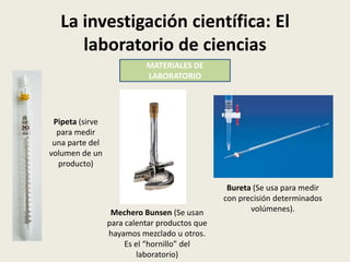 La investigación científica: El
laboratorio de ciencias
MATERIALES DE
LABORATORIO

Pipeta (sirve
para medir
una parte del
volumen de un
producto)

Mechero Bunsen (Se usan
para calentar productos que
hayamos mezclado u otros.
Es el “hornillo” del
laboratorio)

Bureta (Se usa para medir
con precisión determinados
volúmenes).

 