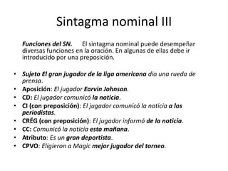 Sintagma nominal III
Funciones del SN. El sintagma nominal puede desempeñar
diversas funciones en la oración. En algunas de ellas debe ir
introducido por una preposición.
• Sujeto El gran jugador de la liga americana dio una rueda de
prensa.
• Aposición: El jugador Earvin Johnson.
• CD: El jugador comunicó la noticia.
• CI (con preposición): El jugador comunicó la noticia a los
periodistas.
• CRÉG (con preposición): El jugador informó de la noticia.
• CC: Comunicó la noticia esta mañana.
• Atributo: Es un gran deportista.
• CPVO: Eligieron a Magic mejor jugador del torneo.
 