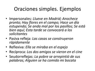 Oraciones simples. Ejemplos
• Impersonales: Llueve en Madrid; Anochece
pronto; Hay flores en el campo; Hace un día
estupendo; Se anda mal por los pasillos; Se está
bien aquí; Esta tarde se convocará a los
solicitantes
• Pasiva refleja: Las casas se construyeron
rápidamente
• Reflexiva: Ella se miraba en el espejo
• Recíproca: Los dos amigos se vieron en el cine
• Seudorreflejas: La pobre se arrepintió de sus
palabras; Alguien se ha comido mi bocata
 