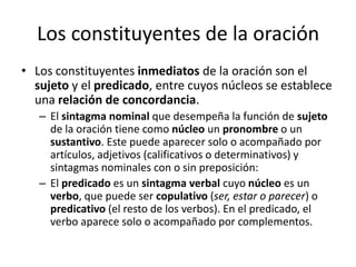 Los constituyentes de la oración
• Los constituyentes inmediatos de la oración son el
sujeto y el predicado, entre cuyos núcleos se establece
una relación de concordancia.
– El sintagma nominal que desempeña la función de sujeto
de la oración tiene como núcleo un pronombre o un
sustantivo. Este puede aparecer solo o acompañado por
artículos, adjetivos (calificativos o determinativos) y
sintagmas nominales con o sin preposición:
– El predicado es un sintagma verbal cuyo núcleo es un
verbo, que puede ser copulativo (ser, estar o parecer) o
predicativo (el resto de los verbos). En el predicado, el
verbo aparece solo o acompañado por complementos.
 