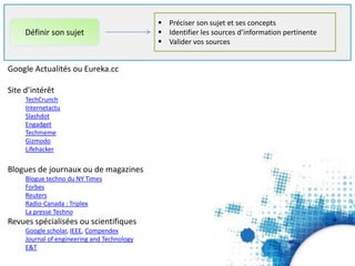  Préciser son sujet et ses concepts
 Identifier les sources d’information pertinente
 Valider vos sources
Définir son sujet
Google Actualités ou Eureka.cc
Site d’intérêt
TechCrunch
Internetactu
Slashdot
Engadget
Techmeme
Gizmodo
Lifehacker
Blogues de journaux ou de magazines
Blogue techno du NY Times
Forbes
Reuters
Radio-Canada : Triplex
La presse Techno
Revues spécialisées ou scientifiques
Google scholar, IEEE, Compendex
Journal of engineering and Technology
E&T
 