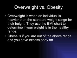 Overweight vs. Obesity Overweight is when an individual is heavier than the standard weight range for their height. They use the BMI chart to determine if your weight is in the healthy range. Obese is if you are out of the above range and you have excess body fat. 