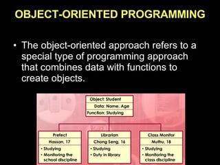 OBJECT-ORIENTED PROGRAMMING The object-oriented approach refers to a special type of programming approach that combines data with functions to create objects. 