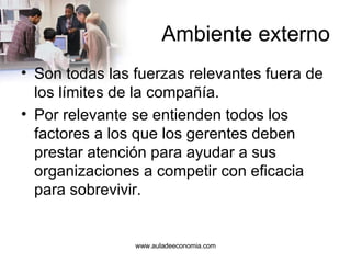 Ambiente externo Son todas las fuerzas relevantes fuera de los límites de la compañía. Por relevante se entienden todos los factores a los que los gerentes deben prestar atención para ayudar a sus organizaciones a competir con eficacia para sobrevivir. www.auladeeconomia.com 