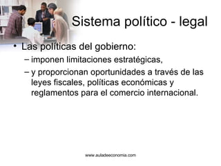 Sistema político - legal Las políticas del gobierno: imponen limitaciones estratégicas, y proporcionan oportunidades a través de las leyes fiscales, políticas económicas y reglamentos para el comercio internacional. www.auladeeconomia.com 