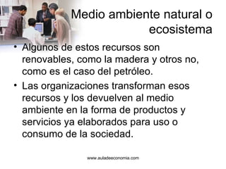 Medio ambiente natural o ecosistema Algunos de estos recursos son renovables, como la madera y otros no, como es el caso del petróleo. Las organizaciones transforman esos recursos y los devuelven al medio ambiente en la forma de productos y servicios ya elaborados para uso o consumo de la sociedad. www.auladeeconomia.com 