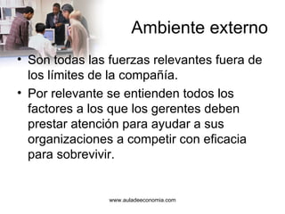 Ambiente externo Son todas las fuerzas relevantes fuera de los límites de la compañía. Por relevante se entienden todos los factores a los que los gerentes deben prestar atención para ayudar a sus organizaciones a competir con eficacia para sobrevivir. www.auladeeconomia.com 