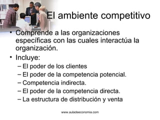 El ambiente competitivo Comprende a las organizaciones específicas con las cuales interactúa la organización. Incluye: El poder de los clientes El poder de la competencia potencial. Competencia indirecta. El poder de la competencia directa. La estructura de distribución y venta www.auladeeconomia.com 