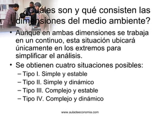 ¿Cuáles son y qué consisten las dimensiones del medio ambiente? Aunque en ambas dimensiones se trabaja en un continuo, esta situación ubicará únicamente en los extremos para simplificar el análisis. Se obtienen cuatro situaciones posibles: Tipo I. Simple y estable Tipo II. Simple y dinámico Tipo III. Complejo y estable Tipo IV. Complejo y dinámico www.auladeeconomia.com 